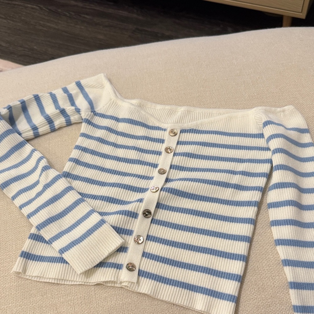 Striped Off-Shoulder Sweater - Blue and White